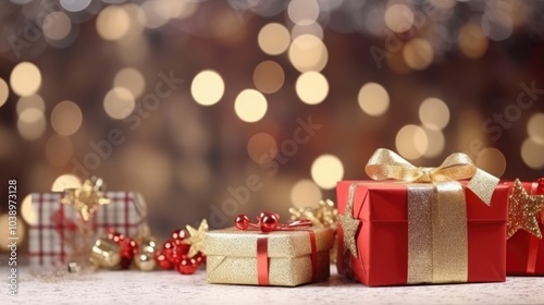 New Year background and studio with all toys, gifts and Christmas tree, candles, no people, space for text.