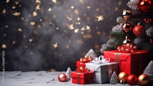 New Year background and studio with all toys, gifts and Christmas tree, candles, no people, space for text.