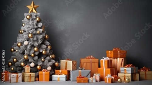 New Year background and studio with all toys, gifts and Christmas tree, candles, no people, space for text.