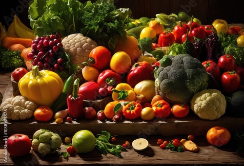 vibrant assortment fresh produce displayed rustic stark wooden surface creating colorful bounty natural goodness, texture, harvest, organic, healthy, greens photo