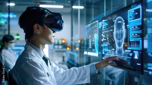 Futuristic healthcare: doctor uses virtual reality and ai for medical diagnostics in lab