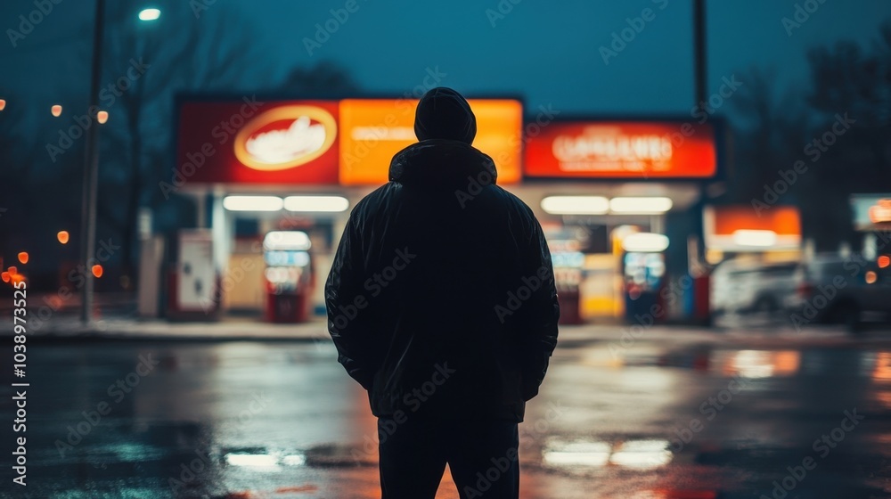 Man observing a gas station on a rainy night with glowing neon signs Man observing a gas station on a rainy night with glowing neon signs