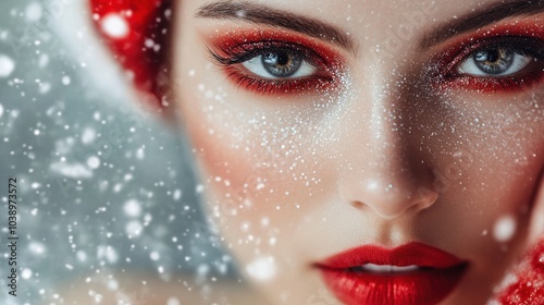 Close-up of a woman with vibrant red makeup and snowflakes