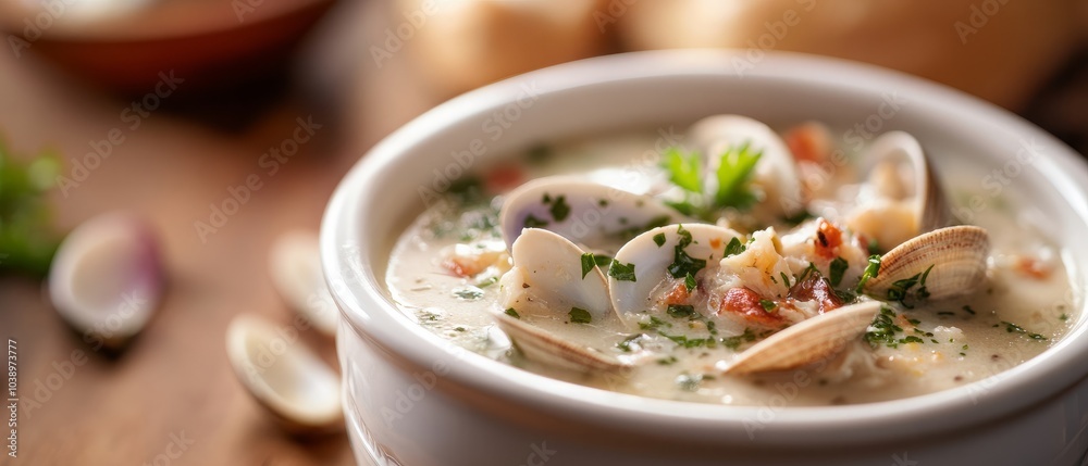 A bowl of creamy clam chowder with fresh parsley and bacon. A bowl of creamy clam chowder with fresh parsley and bacon.