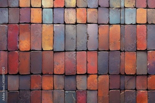 Colorful textured brick wall pattern with varying shades of red and brown in a rustic design photo