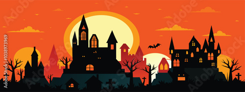 Haunted Halloween Village Silhouette Sunset Scene