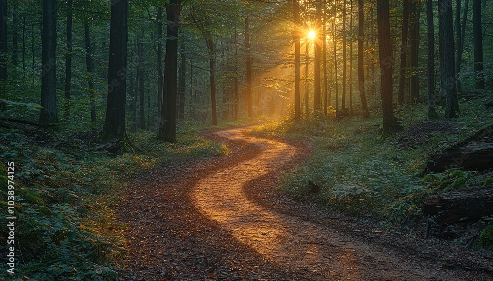 Obraz premium A Sunlit Path Winding Through a Lush Forest