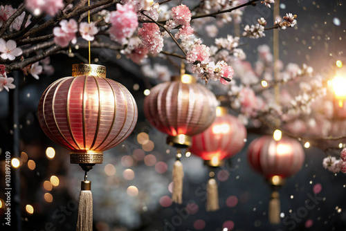 Chinese new year celebration in Asia. Pink, red and golden lantern on Japanese sakura tree for Lunar new year party. Background with glitter and bokeh lights. Cherry tree blossom. photo