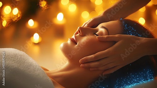 Wallpaper Mural performing a head and neck massage on a client lying on a soft towel. The person receiving the massage has a relaxed expression, Torontodigital.ca