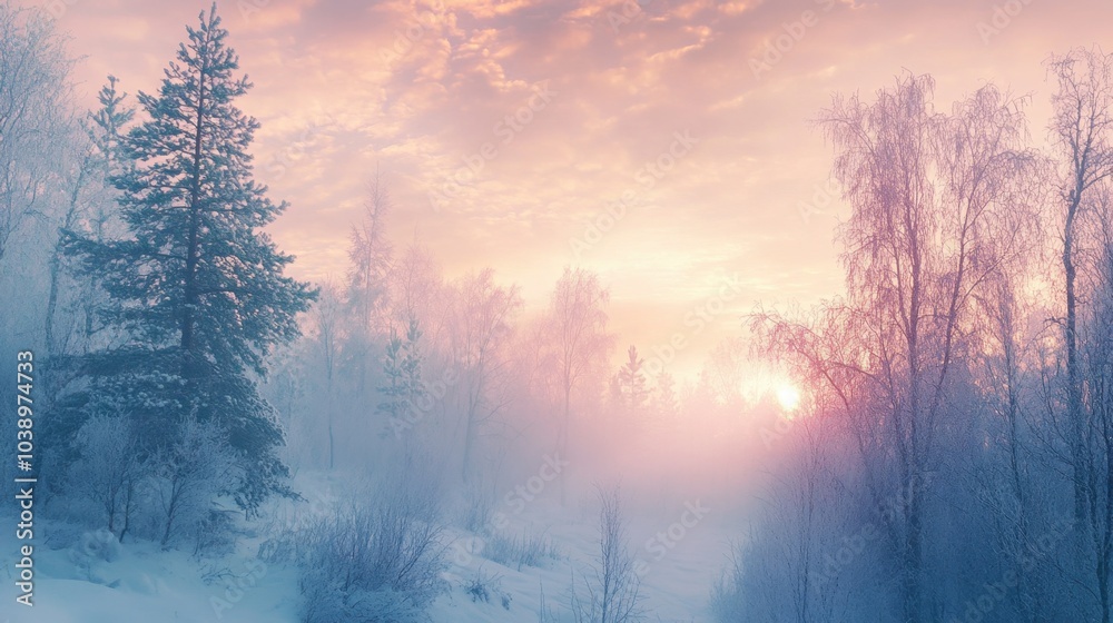 Winter sunrise with soft pink skies over a snowy forest landscape Winter sunrise with soft pink skies over a snowy forest landscape