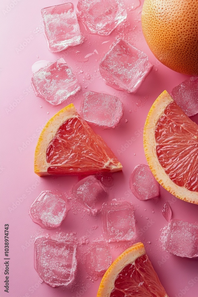 Refreshing pink grapefruit slices with ice cubes on a pastel pink background in bright light Refreshing pink grapefruit slices with ice cubes on a pastel pink background in bright light