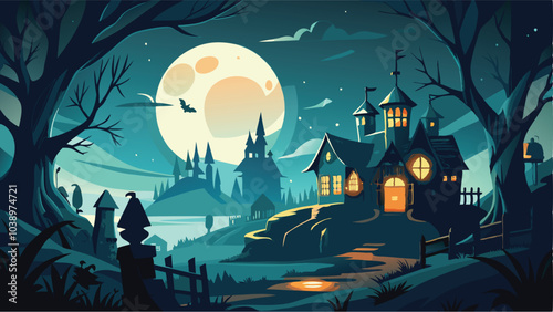 Enchanted Halloween Night Haunted House Moonlit