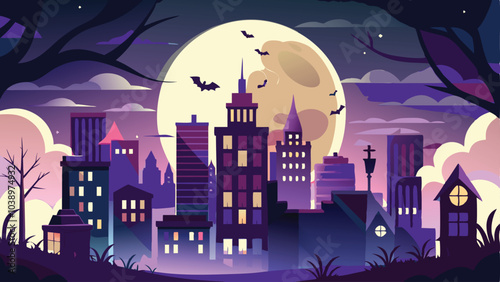 Halloween Night Cityscape Under Full Moon