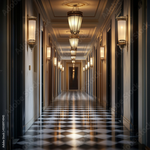 Glamorous Art Deco Hallway with Checkerboard Flooring Details