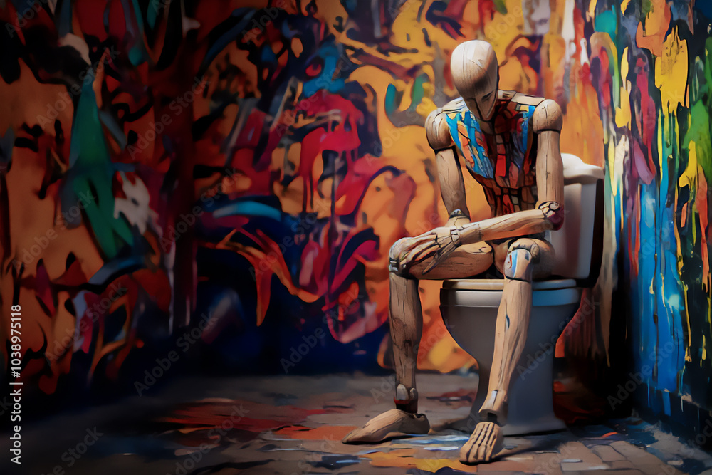 ine Holzfigur sitzt gebückt auf einer Toilette,an den Wänden buntes Graffiti