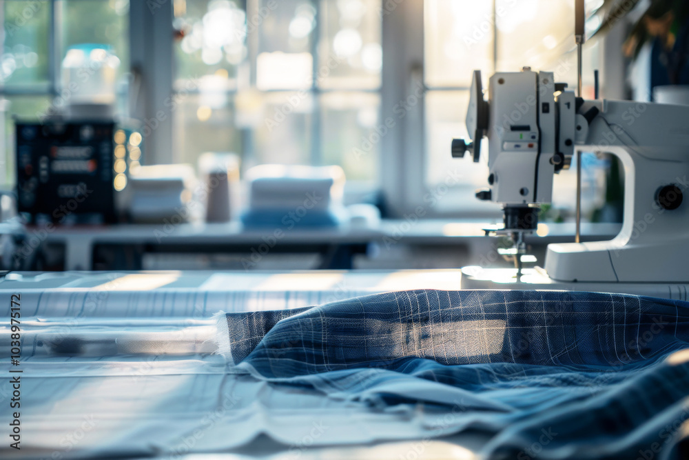 Fototapeta premium Textile studio with eco-friendly fabric and sewing machine, sunlight streaming through windows