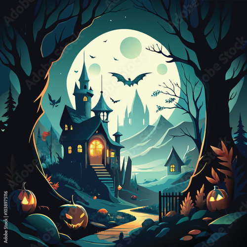 Haunted House Moonlight Path Halloween Scene