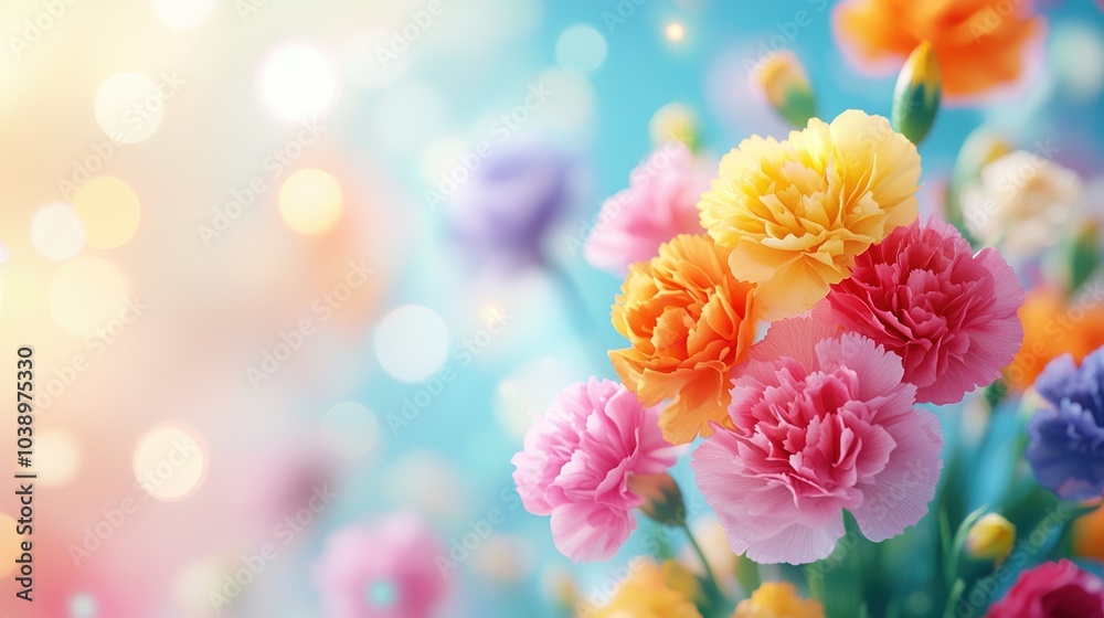 A close-up of a bouquet of flowers against a blue backdrop with a hazy light effect in the background A close-up of a bouquet of flowers against a blue backdrop with a hazy light effect in the background