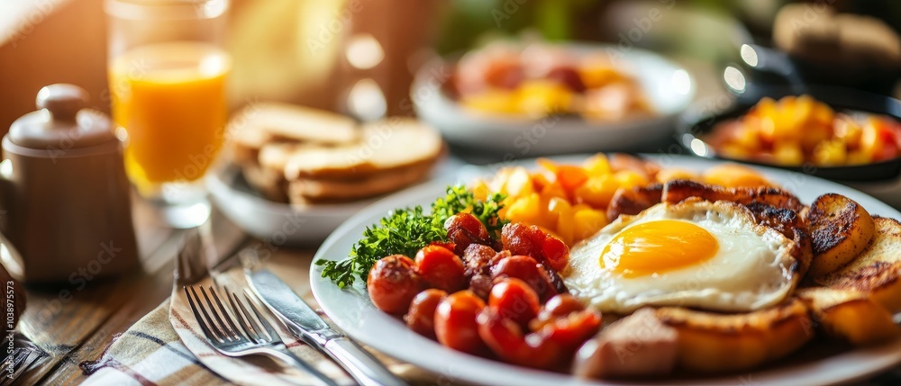 A hearty breakfast plate with a fried egg, toast, sausage, and tomato. This meal is perfect for a morning full of energy. A hearty breakfast plate with a fried egg, toast, sausage, and tomato. This meal is perfect for a morning full of energy.