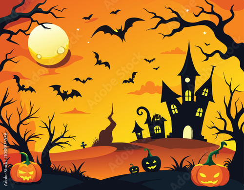 Halloween Night Haunted House Bats Pumpkins Moon