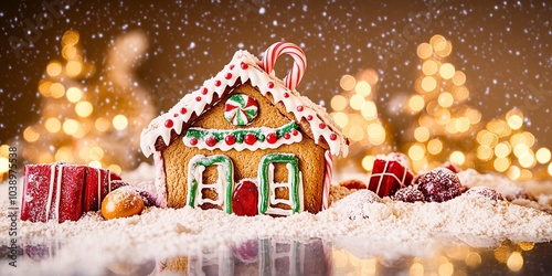 A vibrant gingerbread house decorated with bright red, green, and white frosting,