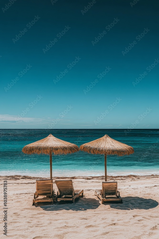 Relaxing beach setting with straw umbrellas and deck chairs by the calm ocean shoreline Relaxing beach setting with straw umbrellas and deck chairs by the calm ocean shoreline