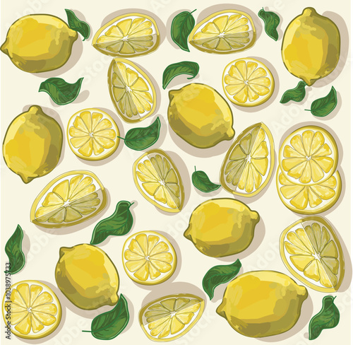 realistic Citrus slices fresh seamless pattern decorated with leaves lemon summer food illustration isolated on white background