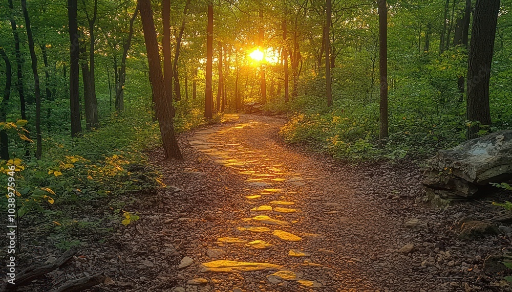 Obraz premium A Stone Path Through a Sun-Drenched Forest