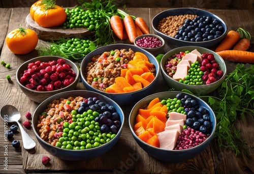 vibrant bowls fresh dog food crafted colorful ingredients eye catching presentation, appetizing, bright, creative, delicacy, delectable, dogs, edible, feast