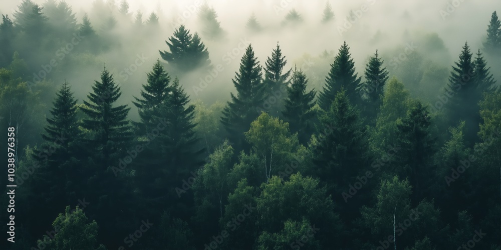 A breathtaking view of a dense evergreen forest enveloped in layers of mist and rising fog in the morning light. A breathtaking view of a dense evergreen forest enveloped in layers of mist and rising fog in the morning light.