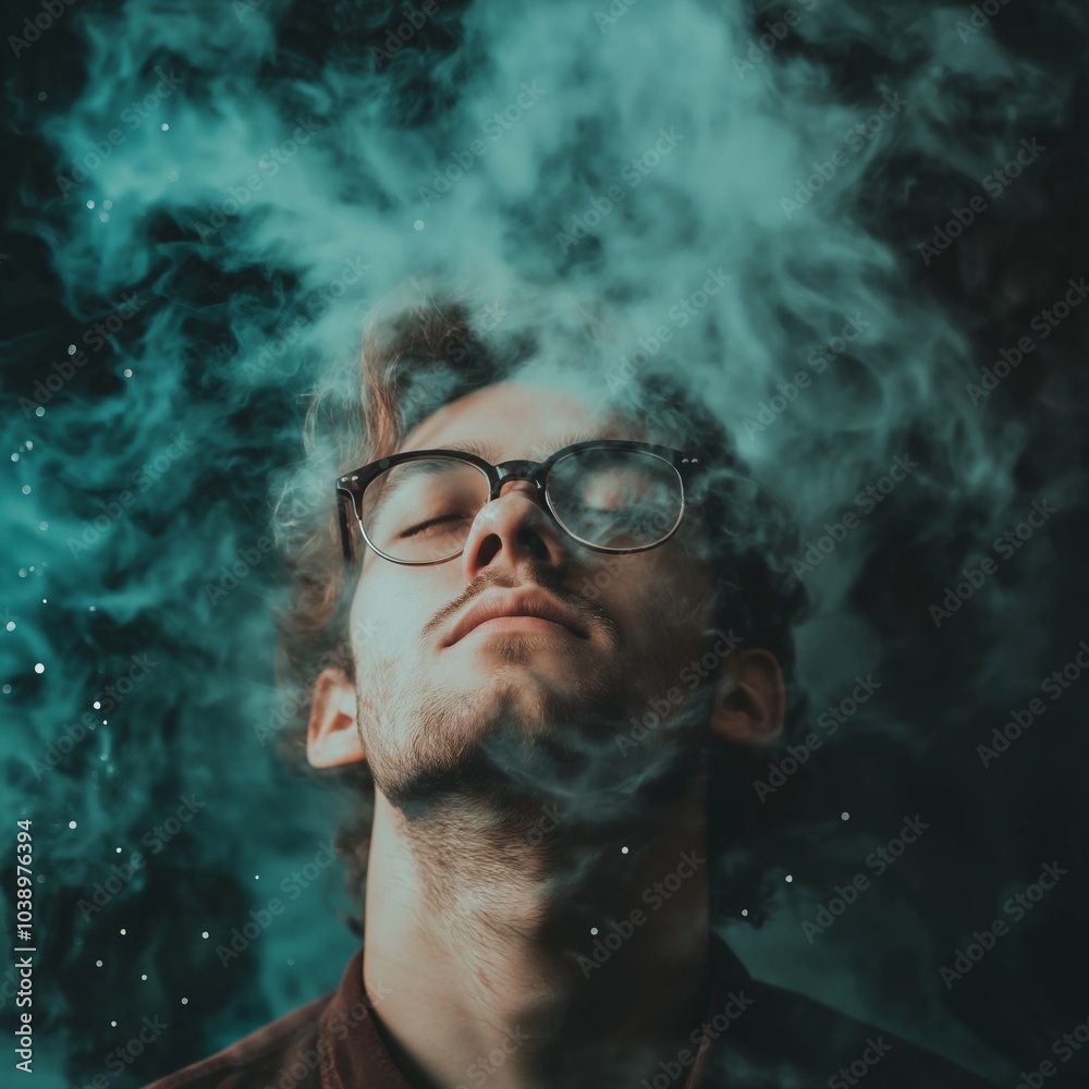 A man wearing glasses enveloped by ethereal smoke in a contemplative moment. A man wearing glasses enveloped by ethereal smoke in a contemplative moment.