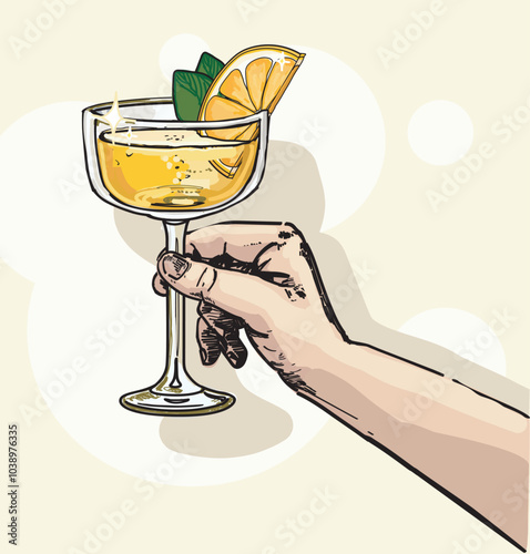 hand holding mimosa cheers summer vibes drink orange juice and champagne vector illustration celebration