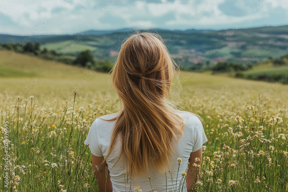 A woman enjoys the beauty of nature, sitting in a lush green field filled with wildflowers, soaking in the scenery. A woman enjoys the beauty of nature, sitting in a lush green field filled with wildflowers, soaking in the scenery.