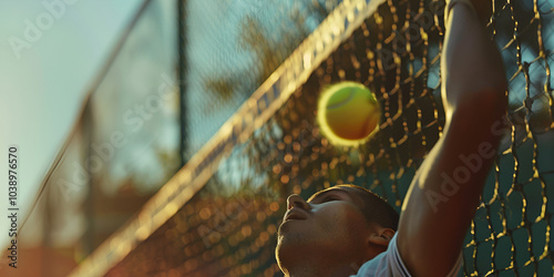 "Tennis Player Serving Ball at Sunset, Intense Game Action on Court"