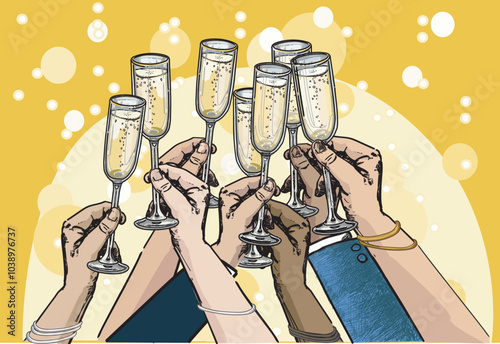 big group of people Hands holding chapagne toast clinking glasses cheers celebration party illustration isolated on white background