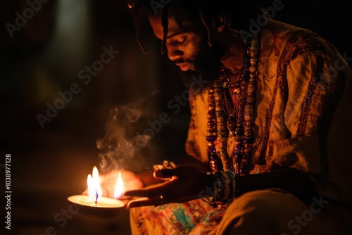 A beautifully decorated Kwanzaa kinara (candleholder).
