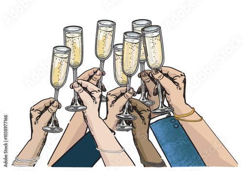 big group of people Hands holding chapagne toast clinking glasses cheers celebration party illustration isolated on white background