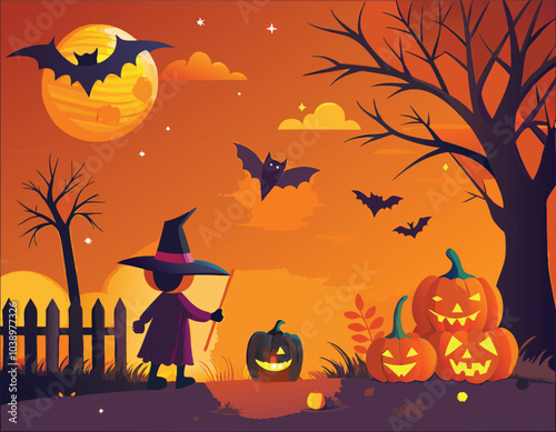 Halloween Witch Pumpkins Bats Moon Night Scene