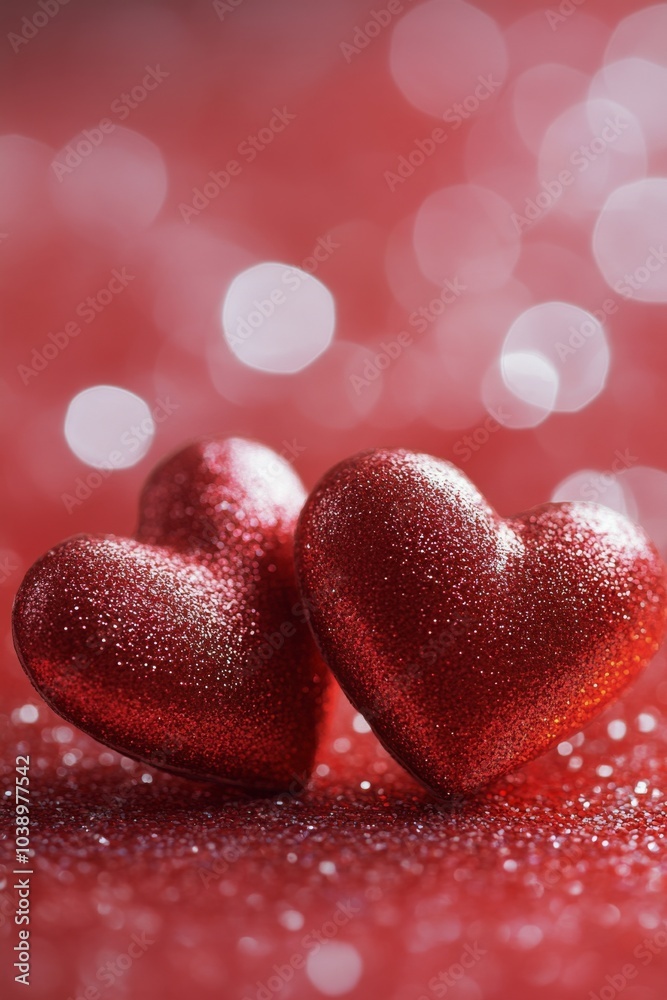 Fototapeta premium Shiny red hearts on a sparkling background during a festive celebration of love