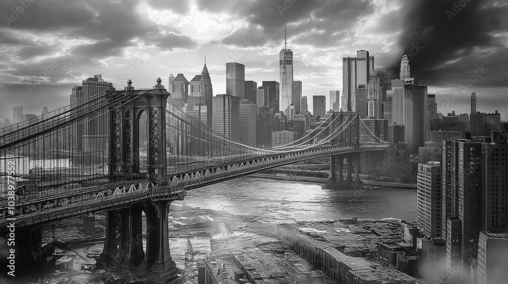 Fototapeta premium A stunning black-and-white view of the Brooklyn Bridge at night, with the illuminated Manhattan skyline in the background, reflecting over the river, Generative Ai