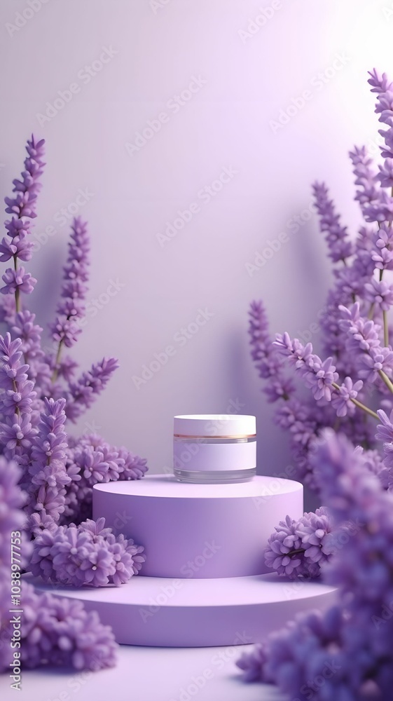3D lavender podium surrounded by purple flowers 3D lavender podium surrounded by purple flowers
