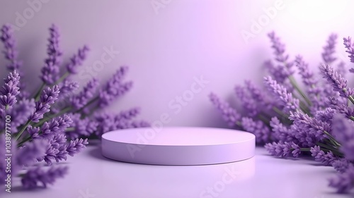 3D lavender podium surrounded by purple flowers