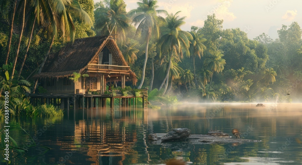 Fototapeta premium tropical house, serene lake, lush greenery, peaceful retreat, nature escape, morning mist, harmonious environment, sandy shores, rustic architecture, tranquil waters, vibrant foliage, idyllic setting