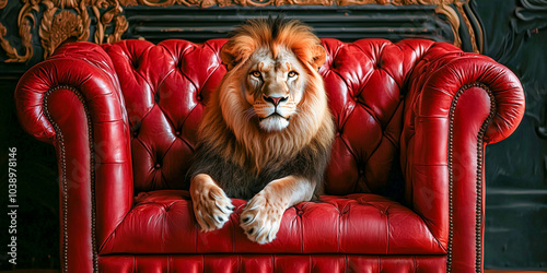 Portrait of a lion on a red leather sofa. Luxurious interior