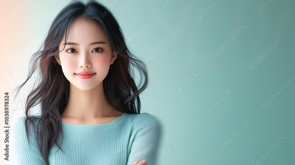 an Asian woman in her mid-20s, standing with her arms crossed, looking at the camera with a slight smile. The background is a solid pastel color an Asian woman in her mid-20s, standing with her arms crossed, looking at the camera with a slight smile. The background is a solid pastel color