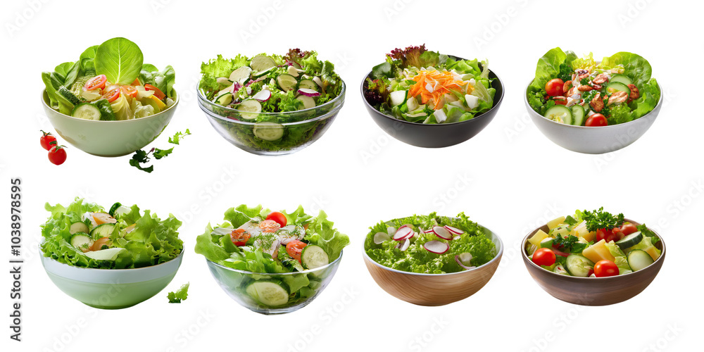 Fresh and Colorful Salad Bowls, PNG collection, set bundle, isolate on transparent or white background