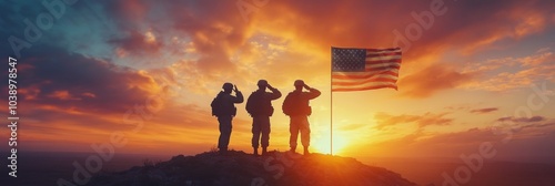 Three soldiers stand on a hillside, saluting while holding an American flag during a stunning sunset