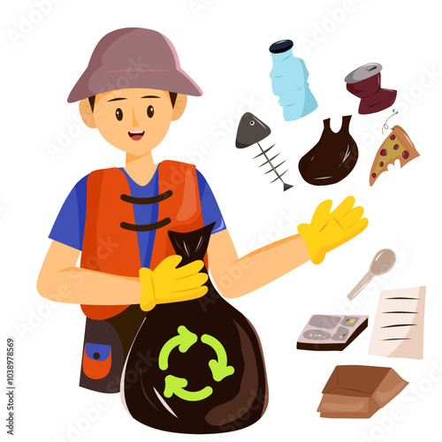 Illustration of a character holding a trash bag and explaining the types of trash.