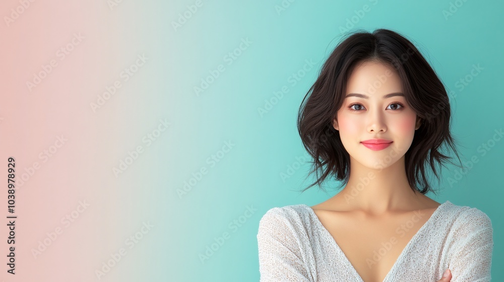 an Asian woman in her mid-20s, standing with her arms crossed, looking at the camera with a slight smile. The background is a solid pastel color an Asian woman in her mid-20s, standing with her arms crossed, looking at the camera with a slight smile. The background is a solid pastel color