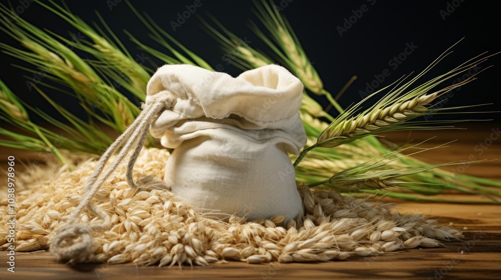 a bag of wheat is on a table with wheat